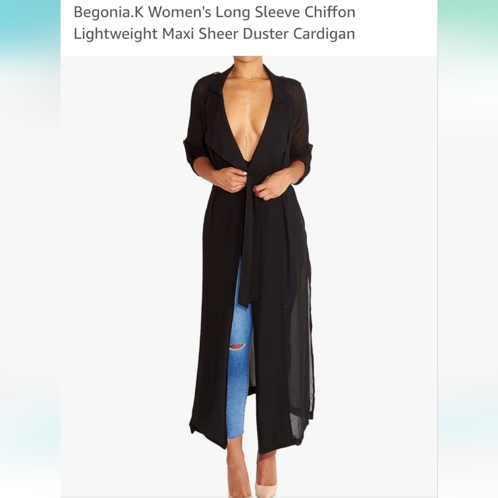 Begonia.K Women's Long Sleeve Chiffon Lightweight Maxi Sheer Duster Cardigan Sm